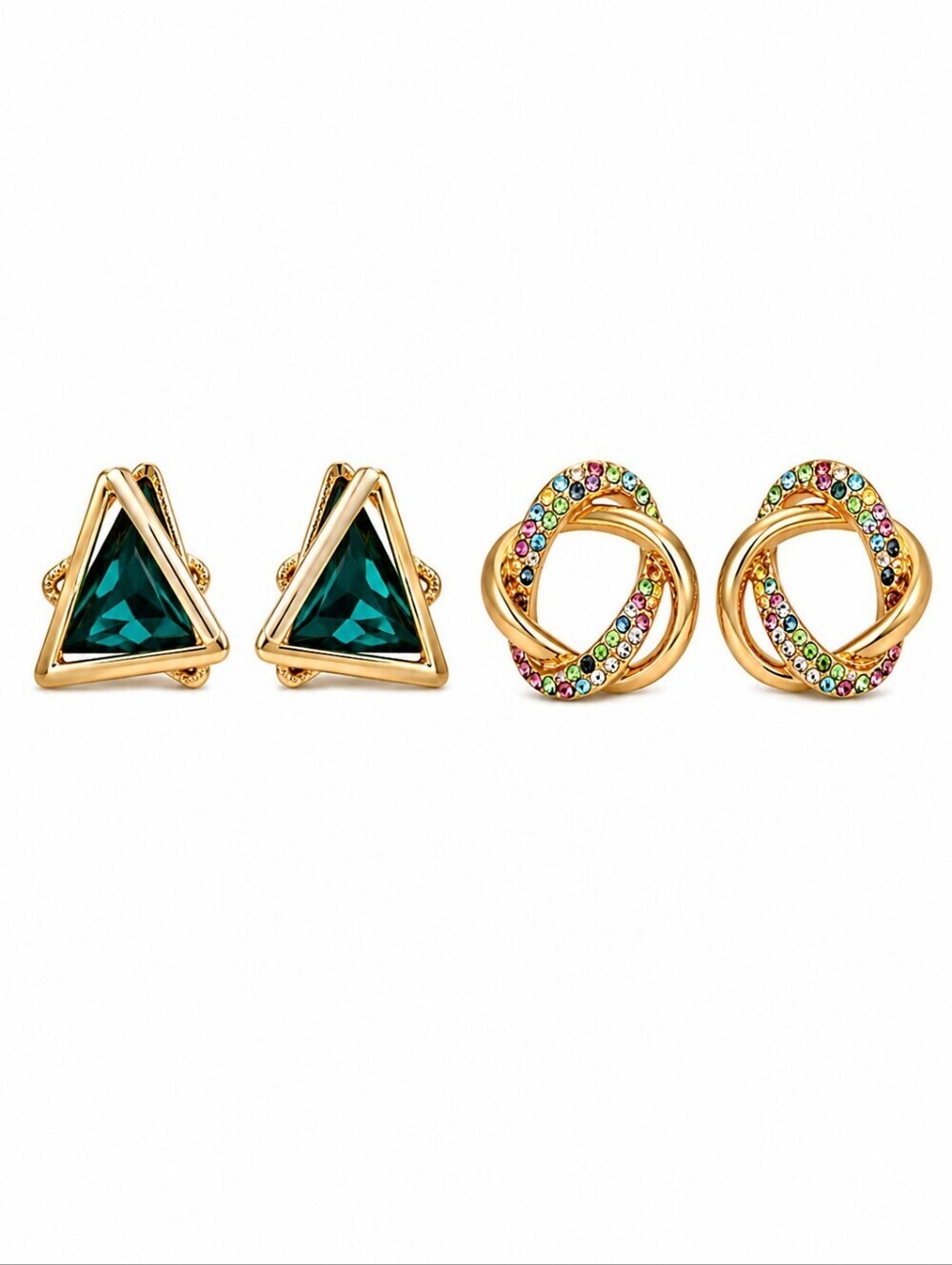 TWO Pairs Triangle Knot Rhinestone Goldtone Knot Post Earrings